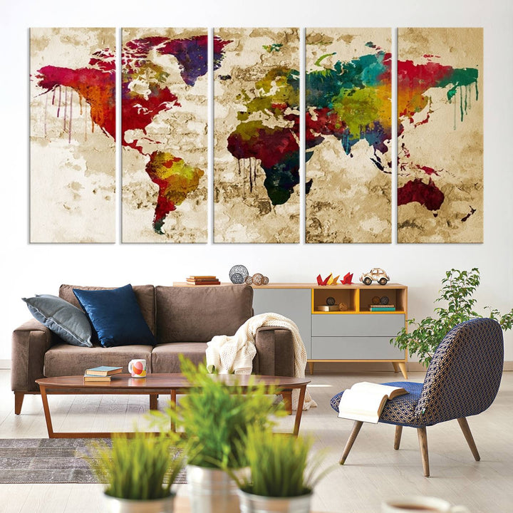 Wall Art World Map Canvas Print Rainbow Colored Vintage Style World Map
