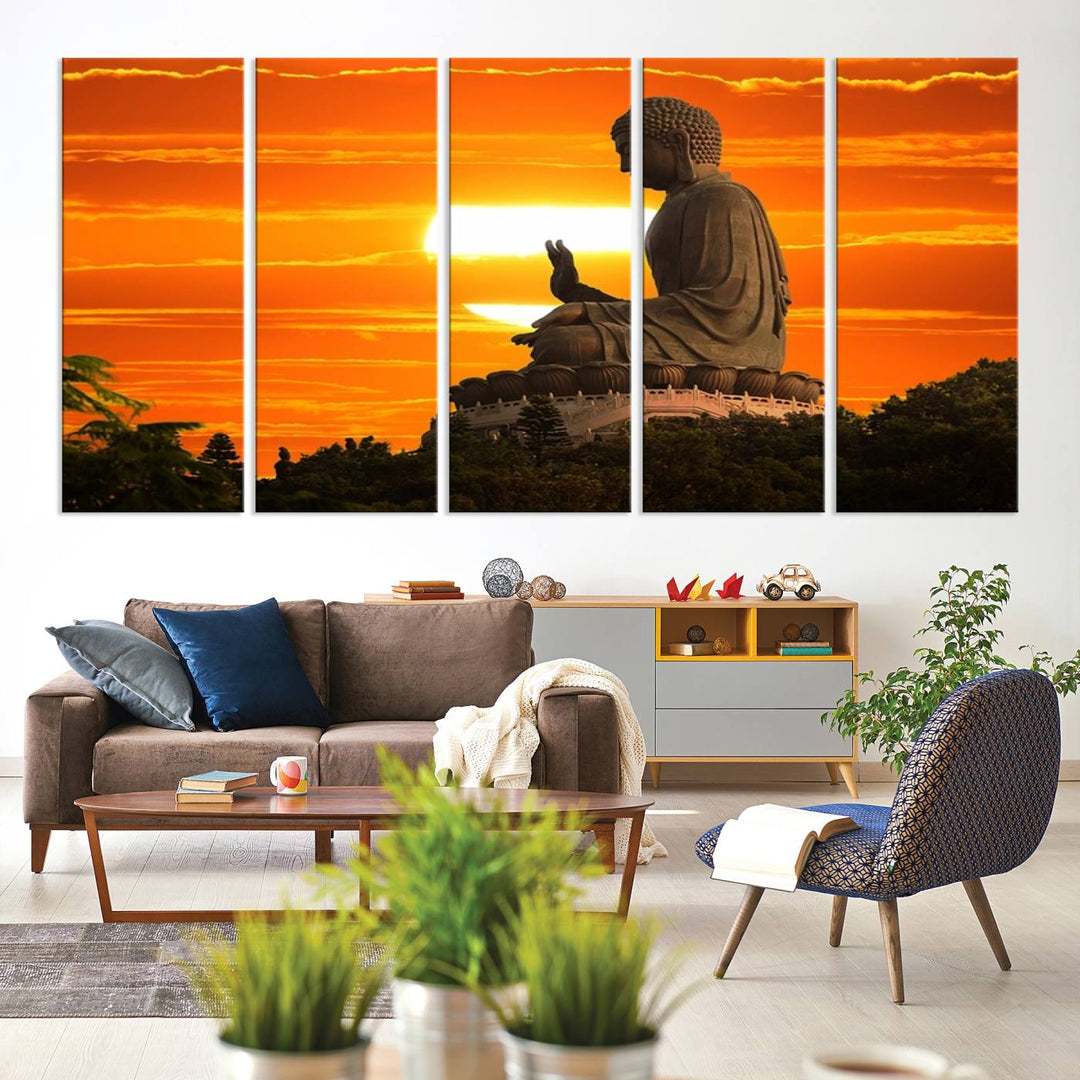 The Buddha Statue at Sunset canvas print adds serenity to the space.