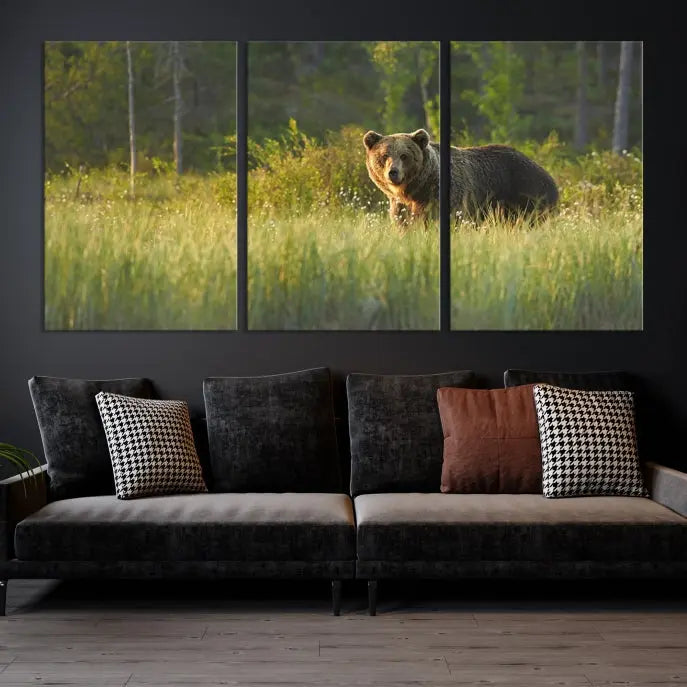 A museum-quality triptych wall art, titled "Wild Bears in Nature Canvas Print," elegantly decorates the living room.