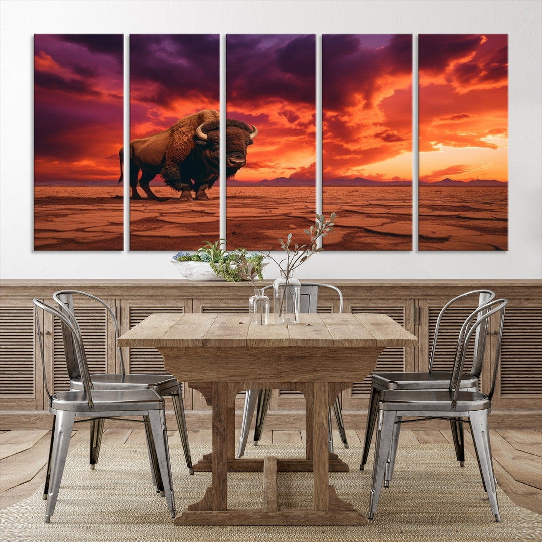 Alone Buffalo on Red Sunset Wall Art Canvas Print