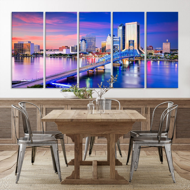 The Jacksonville Wall Art Canvas Print, showcasing the Jacksonville cityscape over a river at sunset, is elegantly crafted on museum-quality canvas with a UV-protective coating. Ready to hang, it elevates your space with its sophisticated charm.