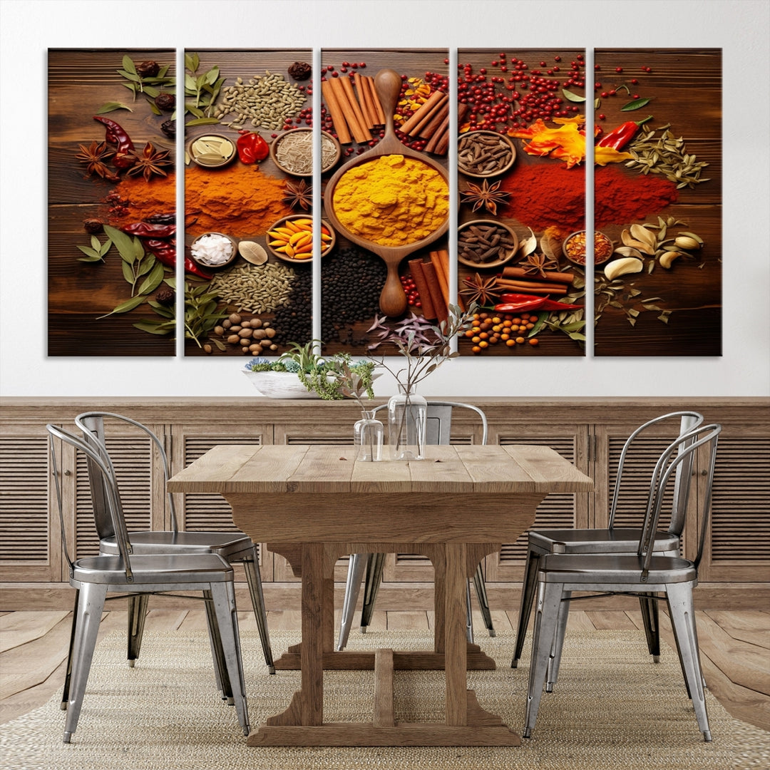 The wall art, an Abstract Spoonful of Spice Art Print triptych, is crafted on museum-quality canvas with a UV-protective coating, ensuring lasting brilliance. Ready to hang, it showcases an array of colorful spices and herbs.