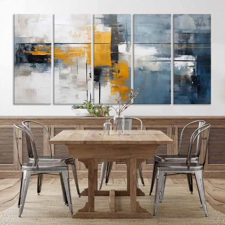 The Orange Abstract Wall Art Print features a series of white, blue, black, and yellow blocks arranged in a triptych format on museum-quality canvases. Proudly made in the USA and offered with free shipping.