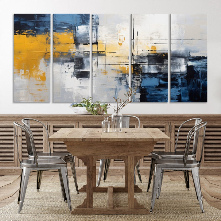 The Yellow Orange Blue Abstract Wall Art Print on gallery-wrapped, museum-quality canvases adds a vibrant touch to the room.