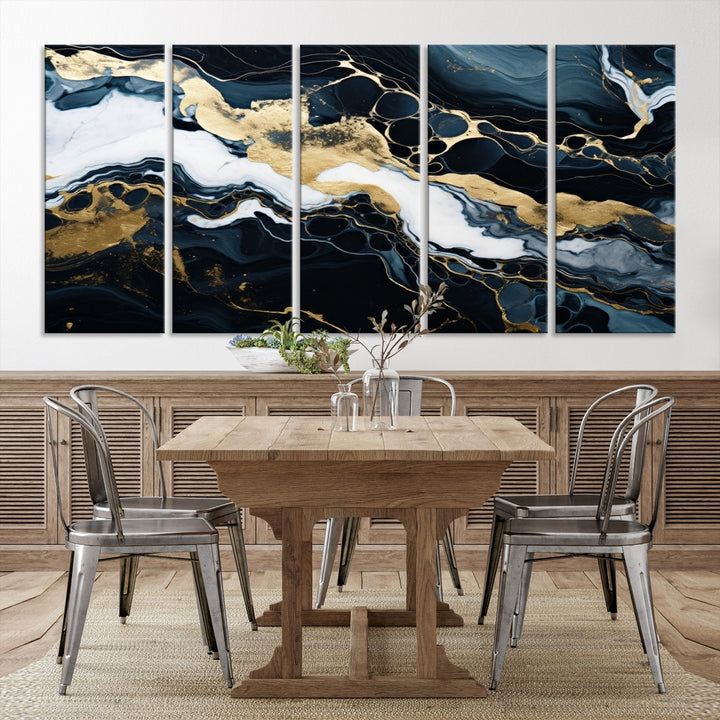 Fluid Marble Abstract Wall Art Print, a contemporary piece with black, white, and gold swirls on museum-quality canvas.