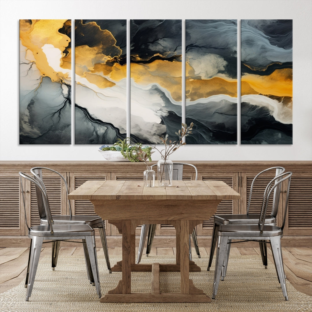 The Smoke Gray Green Golden Abstract Contemporary Art Canvas beautifully enhances a modern living room. Created on museum-quality canvas, this ready-to-hang artwork guarantees longevity and sophistication, perfectly aligning with the contemporary aesthetic.