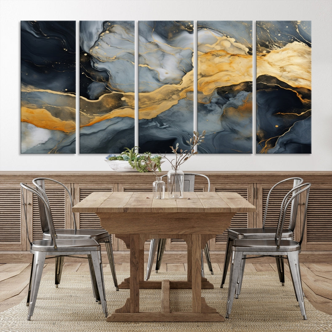 The living room features the Golden Gray Abstract Wall Art Print Contemporary Art Canvas Design, a triptych showcasing gold, black, and gray swirls. Crafted on museum-quality canvas and ready to hang, this piece is designed for elegance and durability.