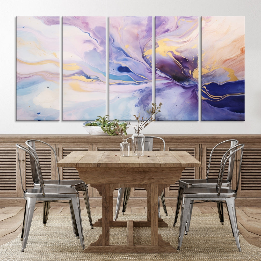 In the modern living room, a captivating Purple Color Abstract Wall Art Print graces the walls, mounted on museum-quality canvas, infusing the space with an artistic flair.