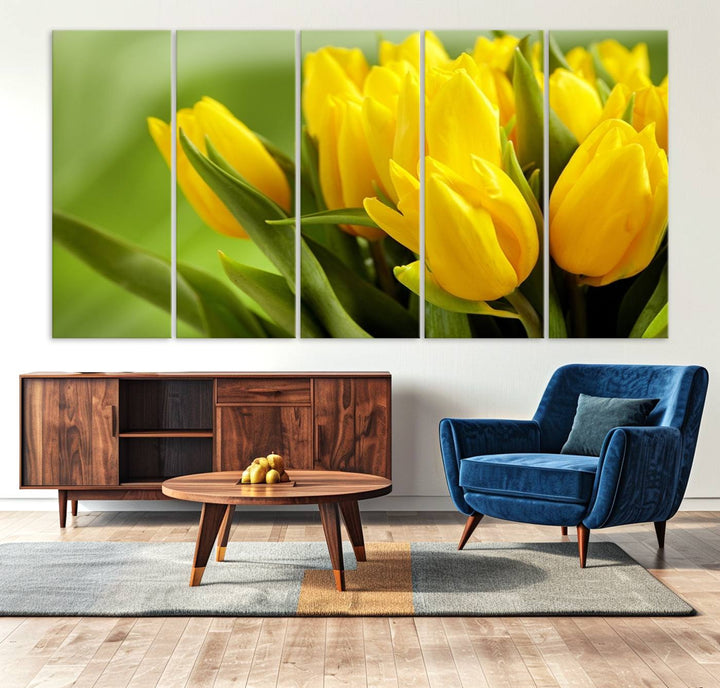 The Wall Art Yellow Tulips Canvas Print on a green background is featured.