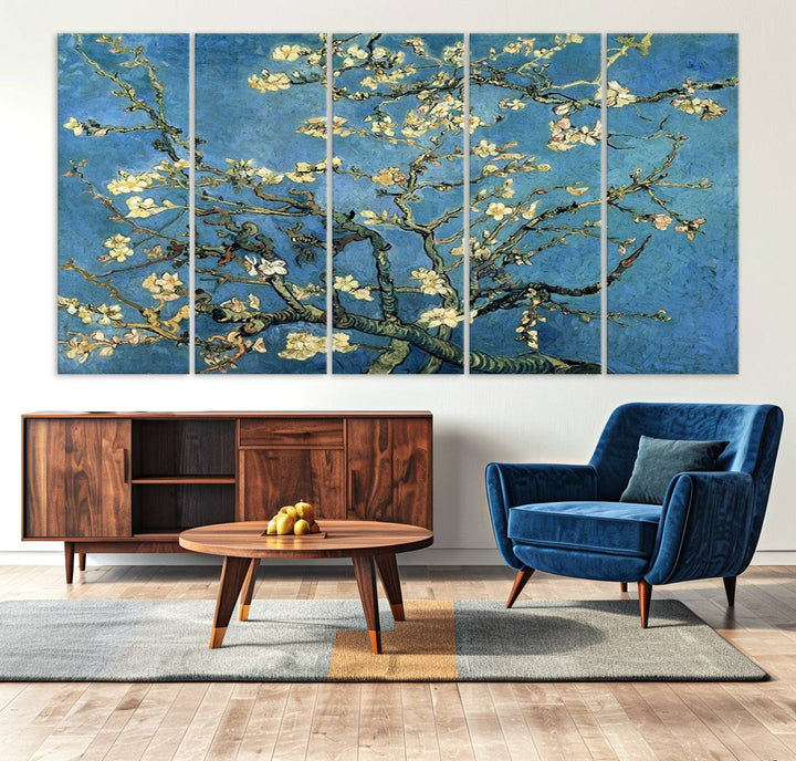 A Van Goghs Almond Blossom canvas print adds a touch of elegance to the wall.