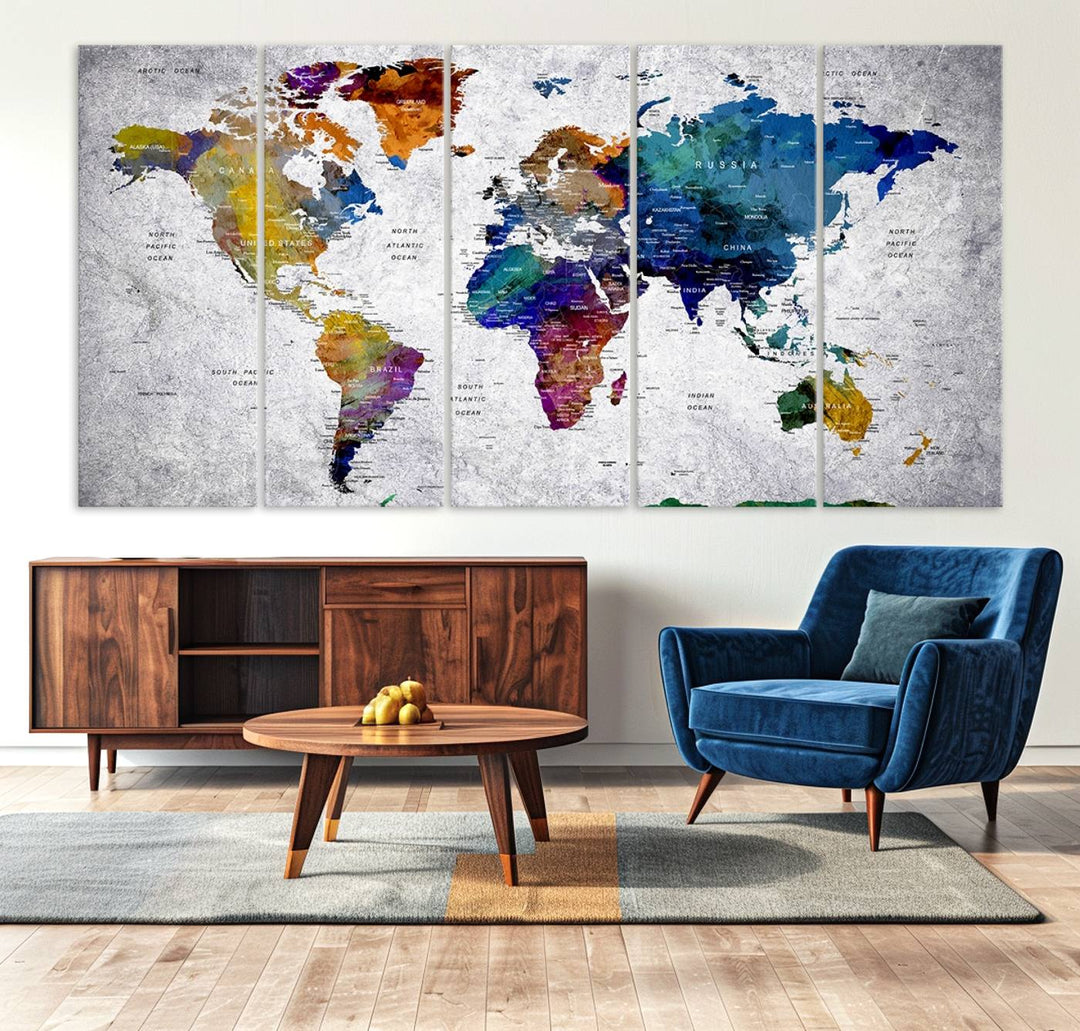 The World Map Art Canvas Print, featuring country names on a grunge-stained gray background, is perfect for stylish home decor.