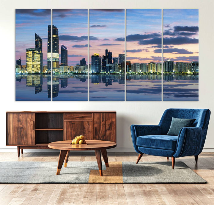 A gallery-quality wall art canvas print captures the Dubai city skyline with skyscrapers reflected in water at sunset.