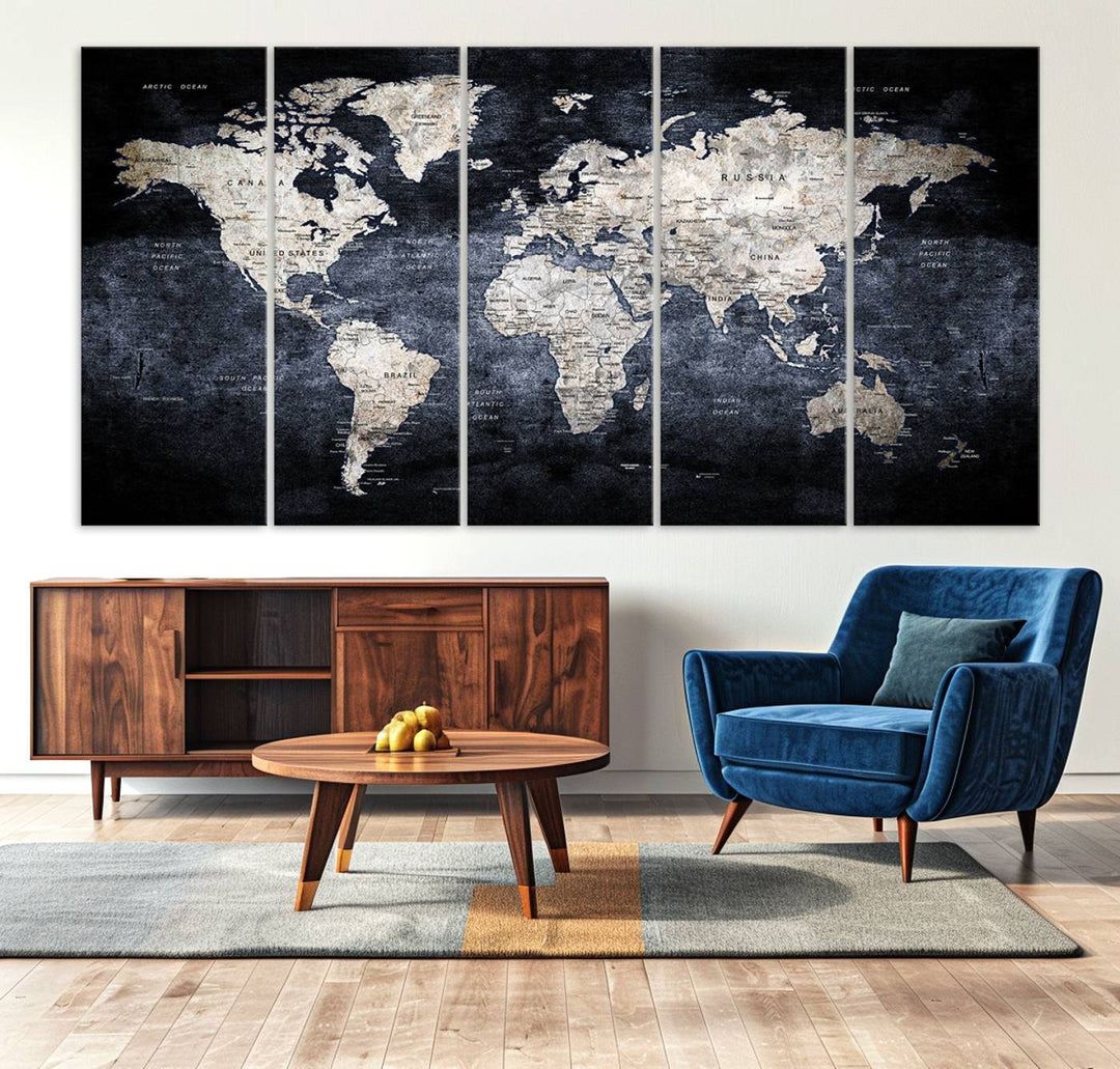 Rustic Black and Bronze World Map Canvas Triptych features white continents on a grunge-stained background.