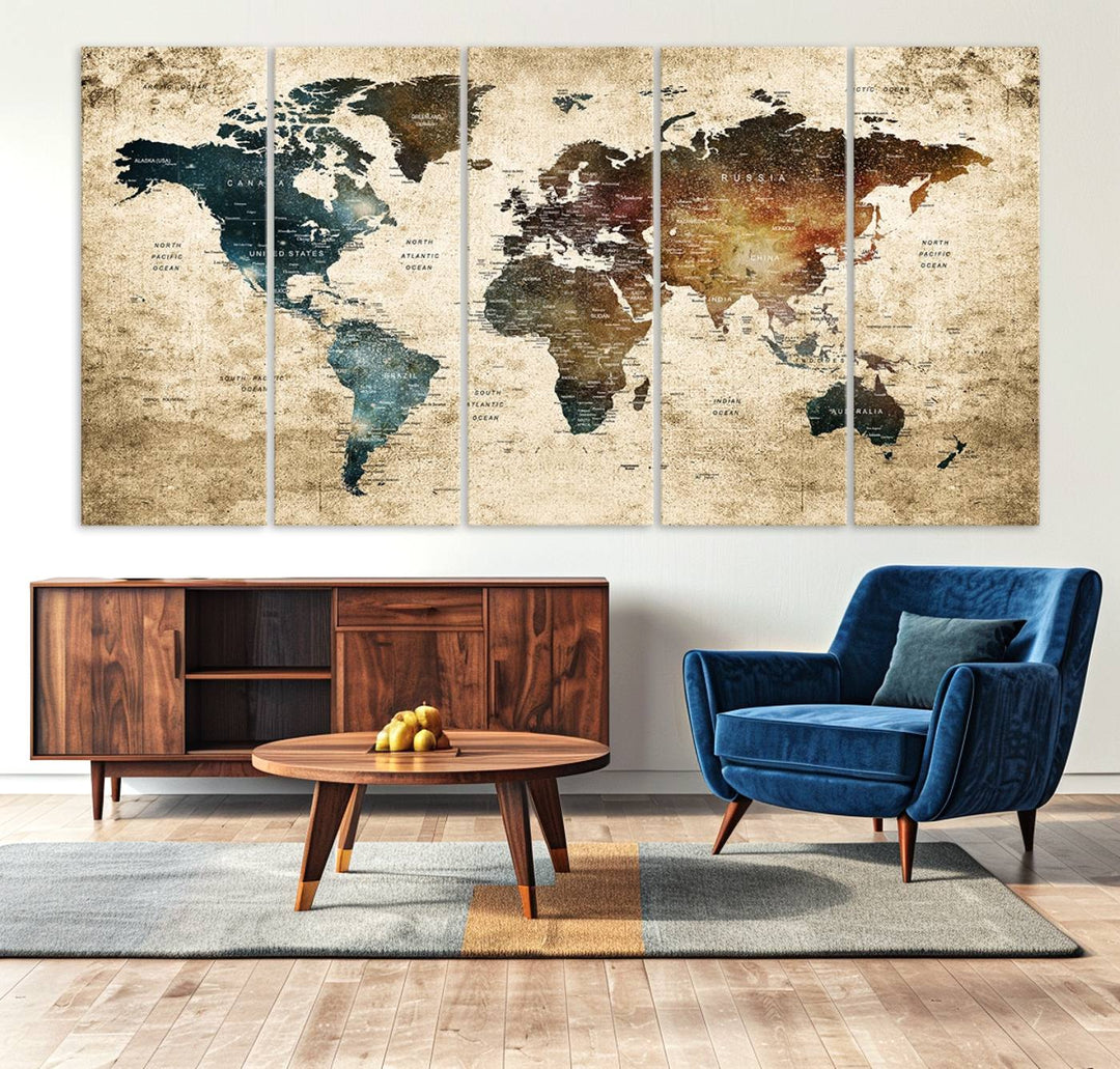 Vintage World Map Canvas Wall Art, perfect for antique-style decor, displayed against a light wood wall.