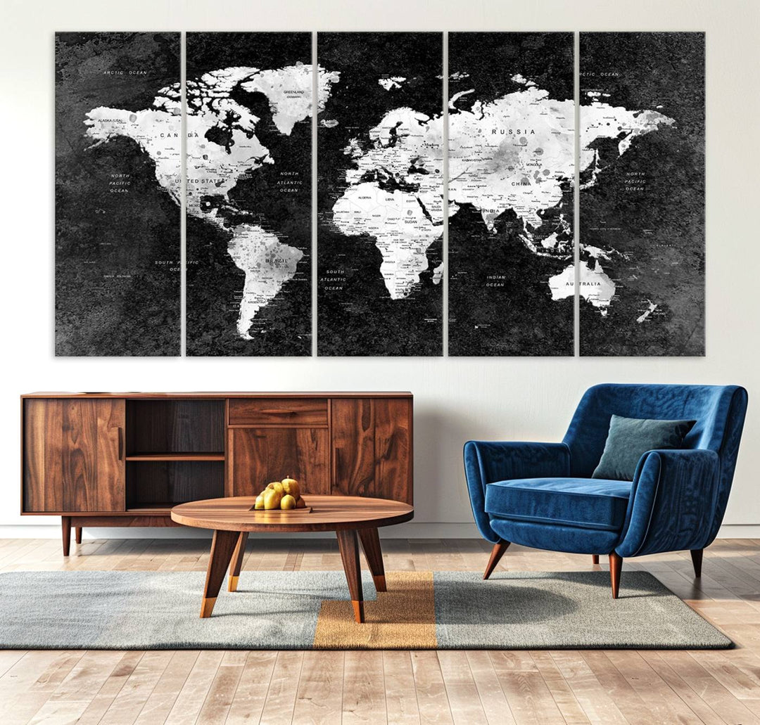 The dining room features a Modern Grayscale World Map 3-Panel Canvas Art as its focal point.