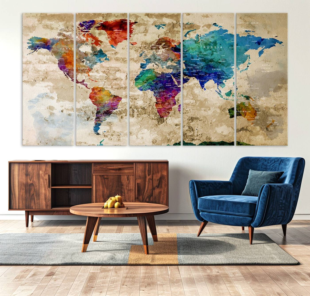 An Abstract Large Watercolor World Map Canvas Print hangs prominently.