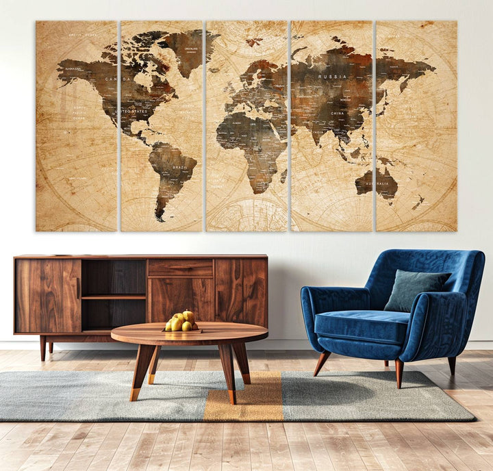 Vintage World Map: 3-Panel Canvas Print in antique rustic style. Framed and gallery wrapped. Ideal for decor.