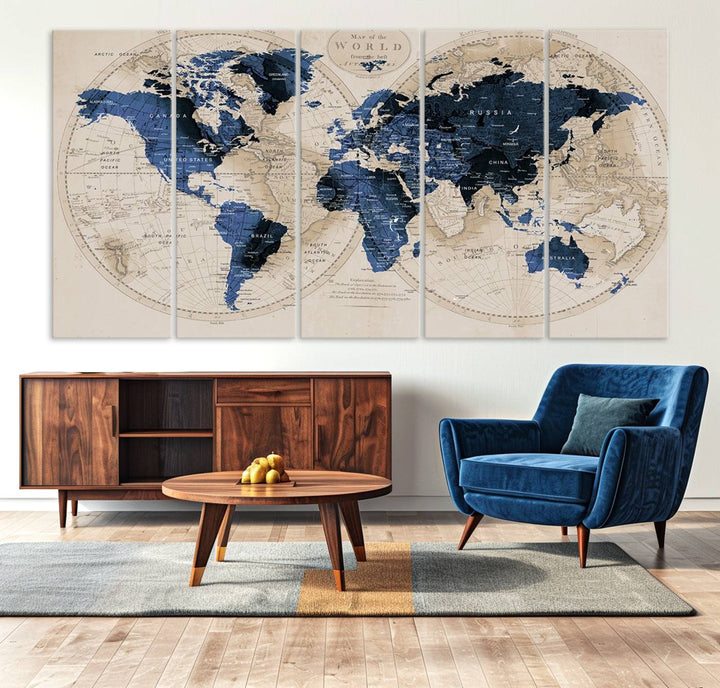 The Vintage Triptych Map Print is a grunge-stained blue and beige world map, perfect for enhancing wall decor.