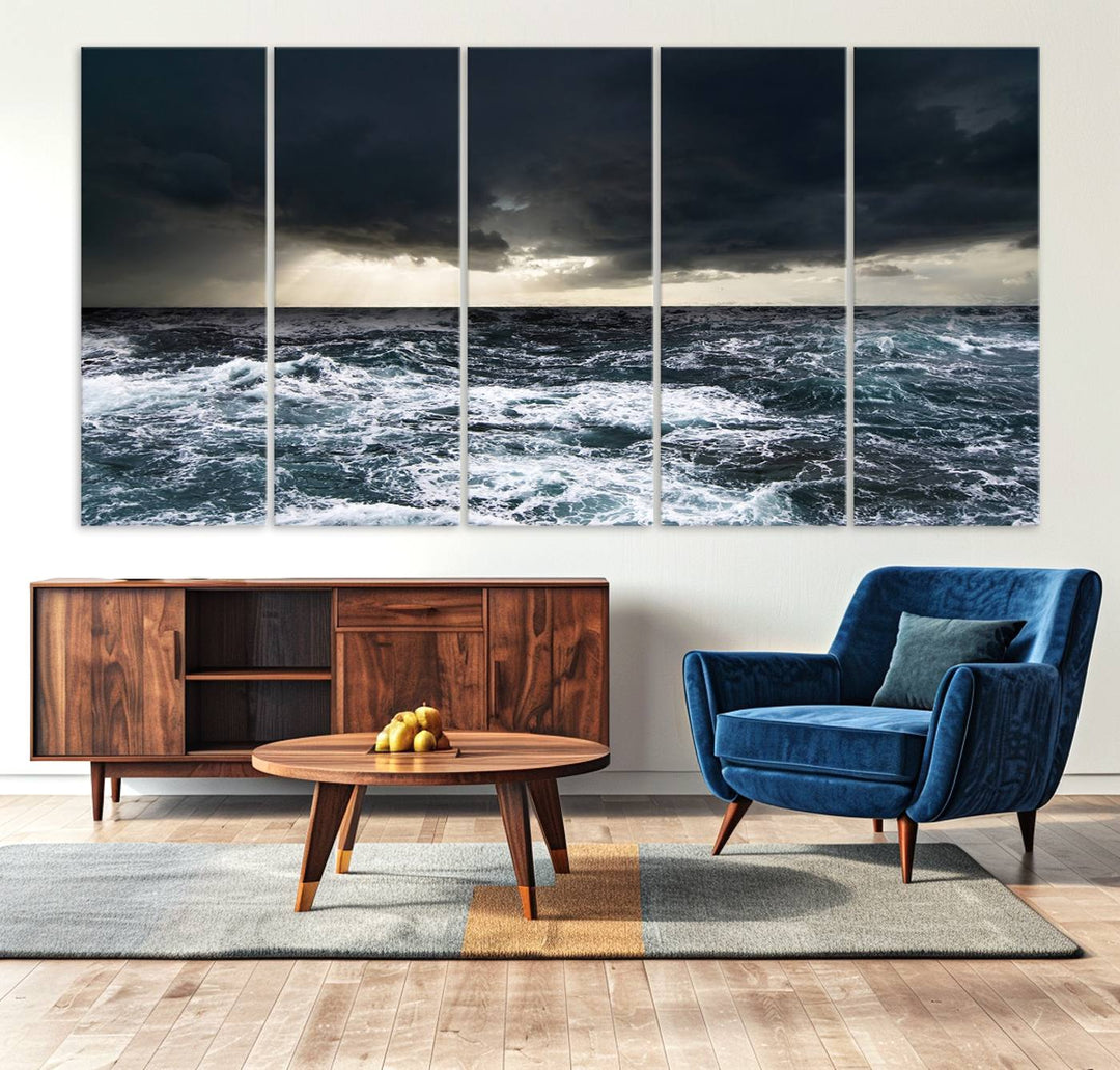 A Dark Clouds Stormy Sea canvas print, ready to hang, enhances the room.