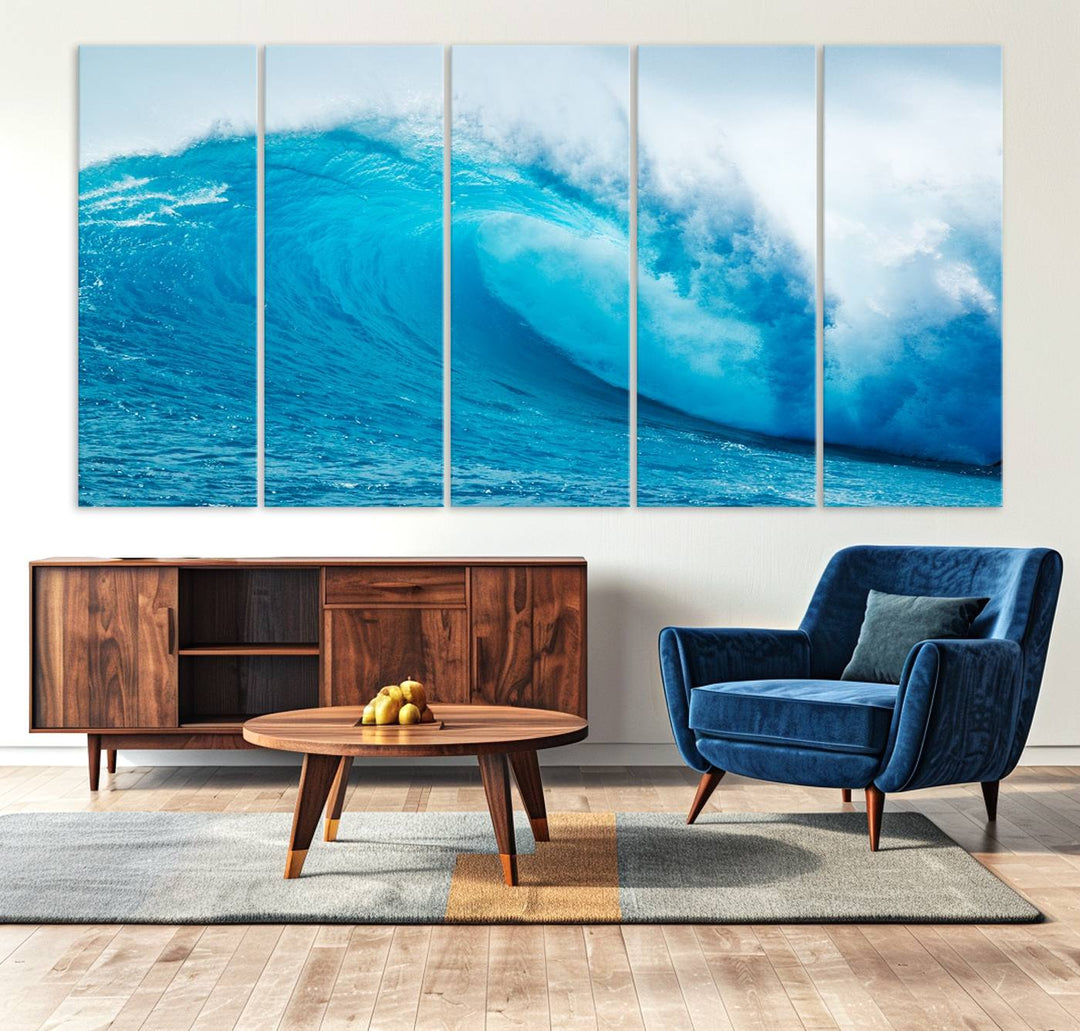 A museum-quality canvas depicting a vibrant blue ocean wave with white foam under a clear sky.