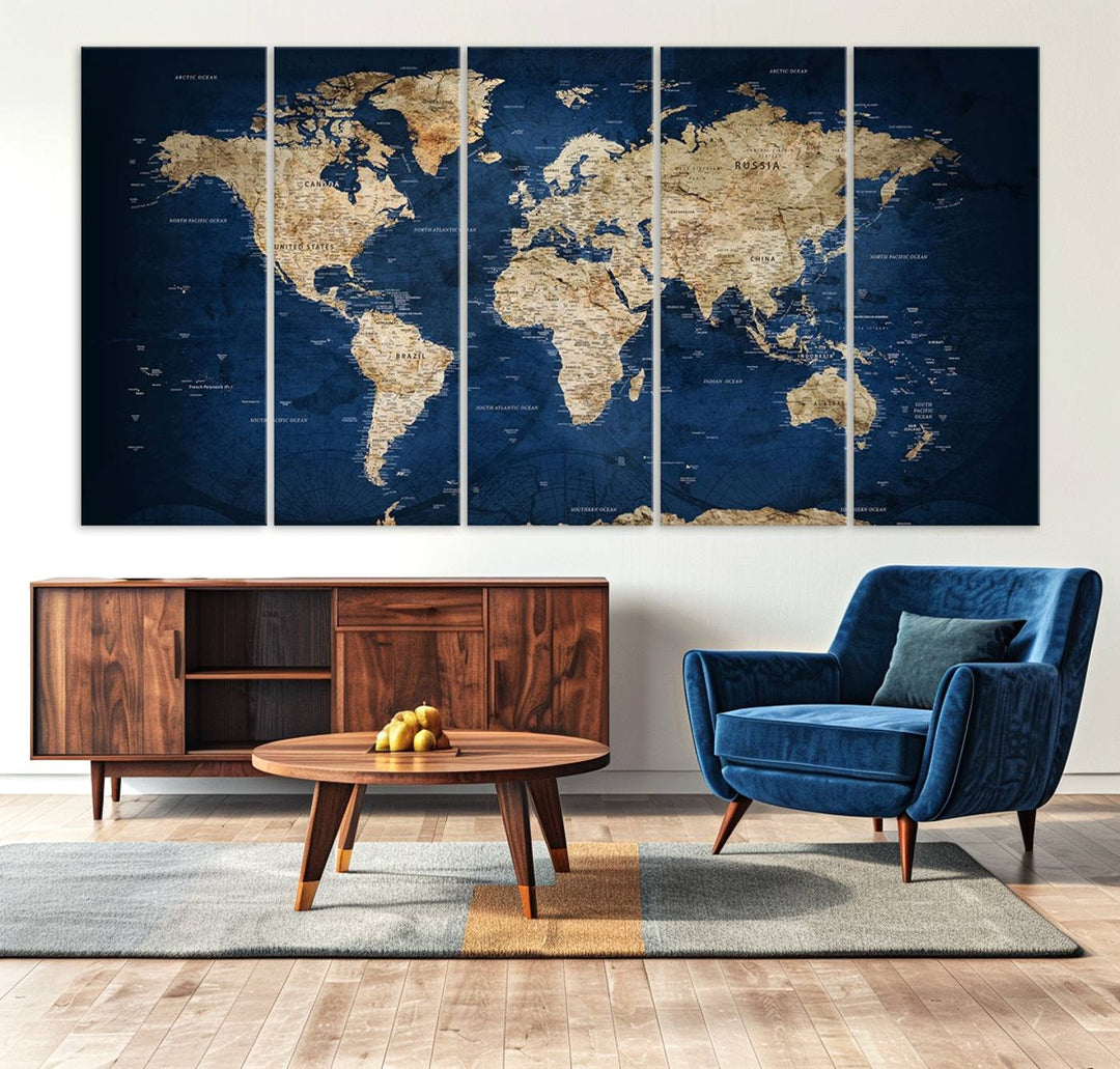 Classic Vintage Blue World Map Canvas Print featuring beige continents against a deep blue background.