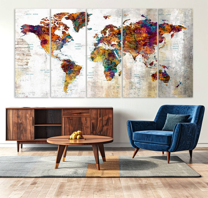 A vibrant Grunge Map Canvas Wall Art Set (3 Panels) for home or office decor, perfect for travel enthusiasts.