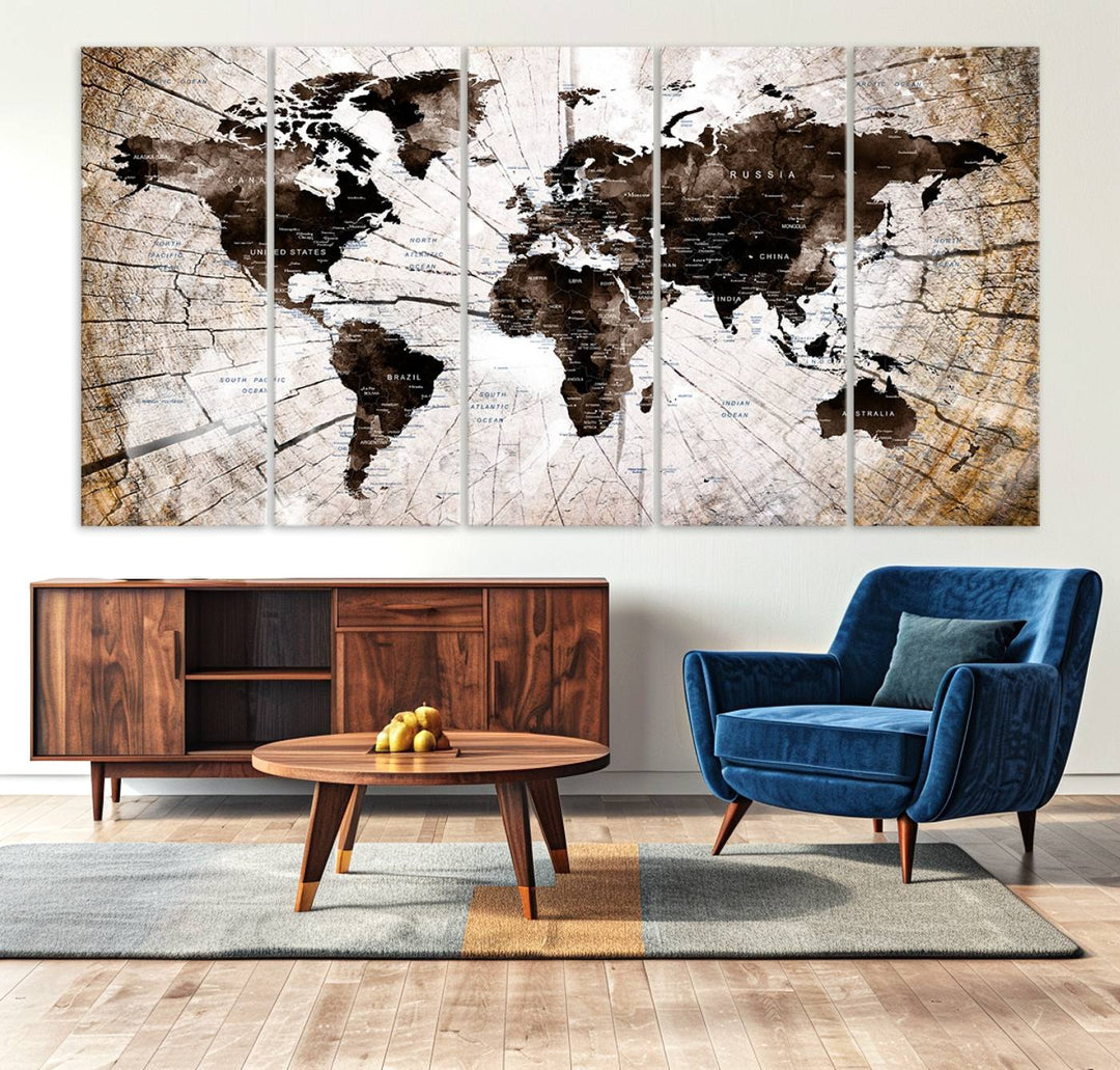 The Tree Ring World Map Canvas hangs above the table, blending into the nature-inspired setting.