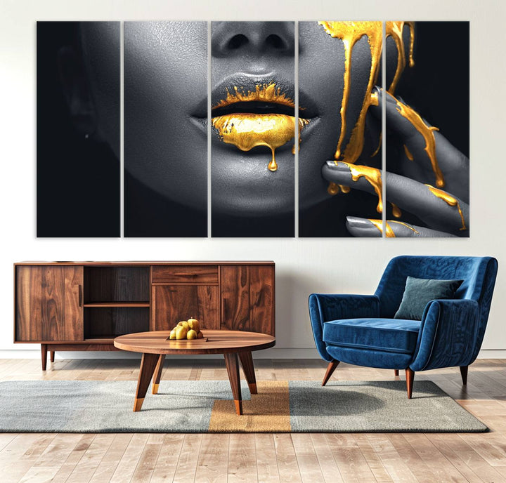 The Gold Lips and Black Woman Makeup Canvas Print features a chic monochrome face design, making it ideal for a modern dining room.