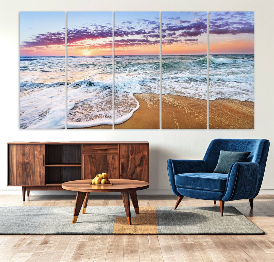 The Tropical Beach Waves Art Print, depicting an ocean sunset and sandy shore, enriches the coastal decor of the dining area.