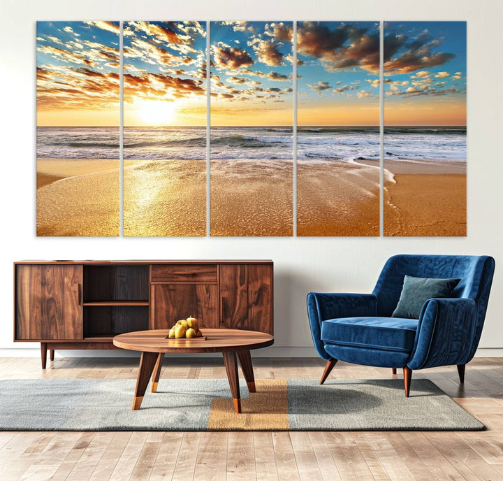 A gallery-wrapped canvas titled Soothing Sunset on Calm Beach is featured.