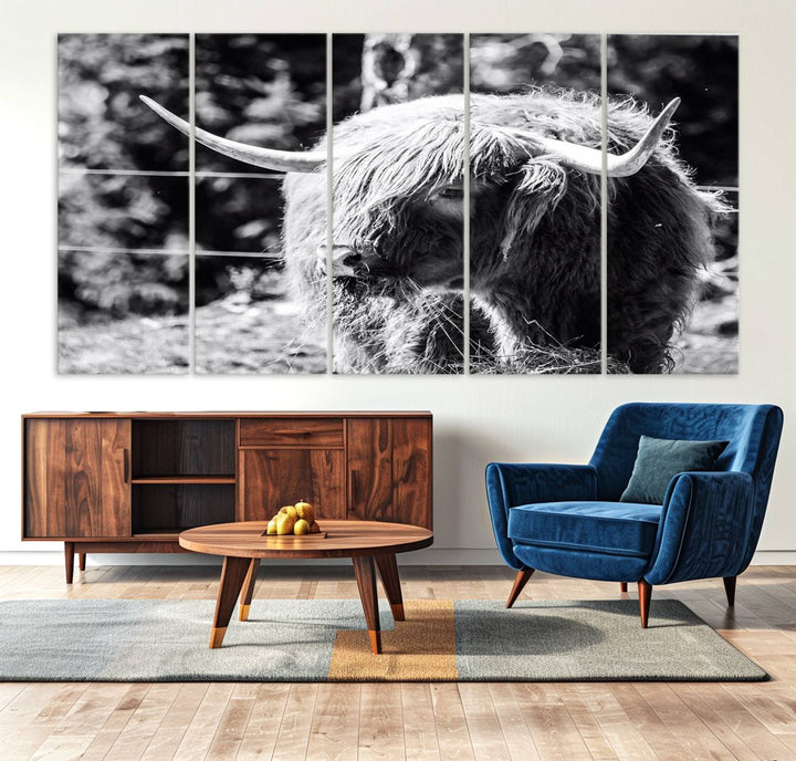 The black and white Highland Cow Canvas Wall Art adds farmhouse elegance to the space.