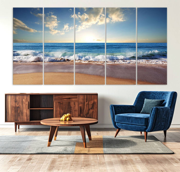 The dining room features a Coastal Tropical Beach Sunset canvas wall art.