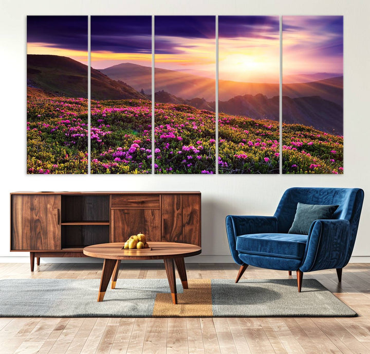 Gallery-wrapped wall art of a stunning mountain sunset and purple flowers.