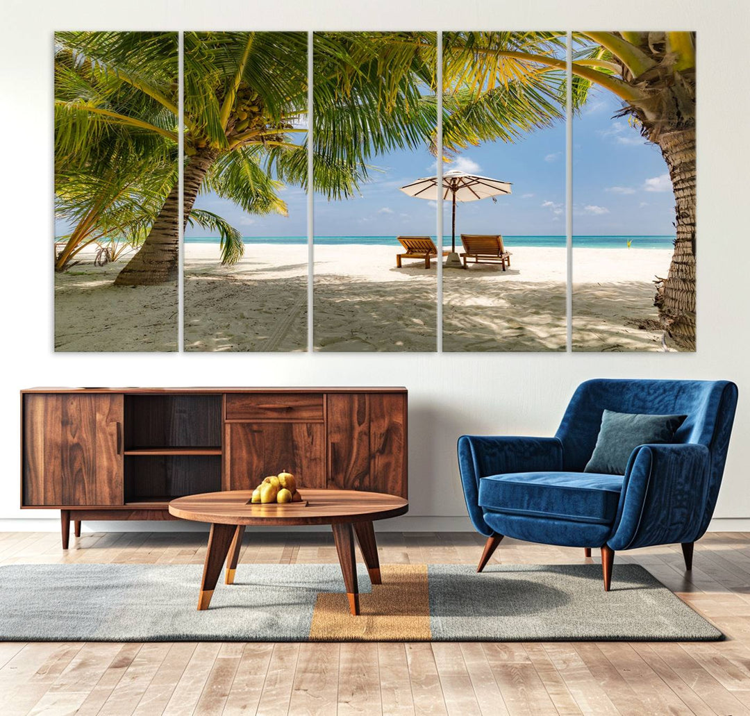 The canvas art print titled Lounge Chairs Palm Trees on Tropical Beach offers free shipping.