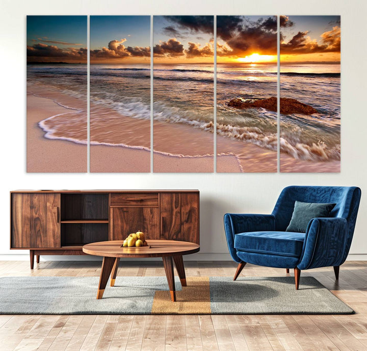 The Sunset on Ocean Wall Art Canvas Print beautifully captures a beach sunset, gentle waves, and a peaceful atmosphere.