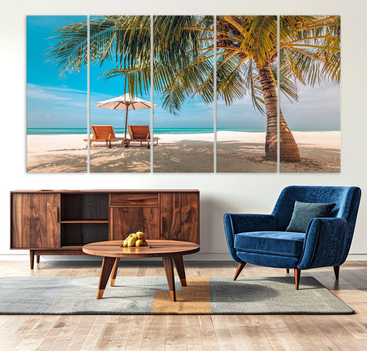 The 3-panel Tropical Beach Wall Art features palm trees and sun loungers, perfect for coastal decor.