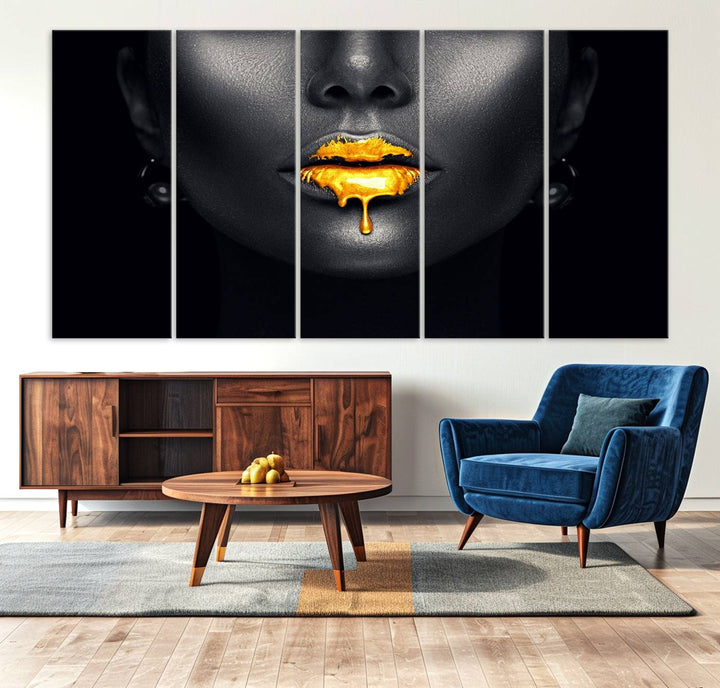 The Honey Gold Lips and Black Woman Photograph canvas print adds a striking touch to the room.