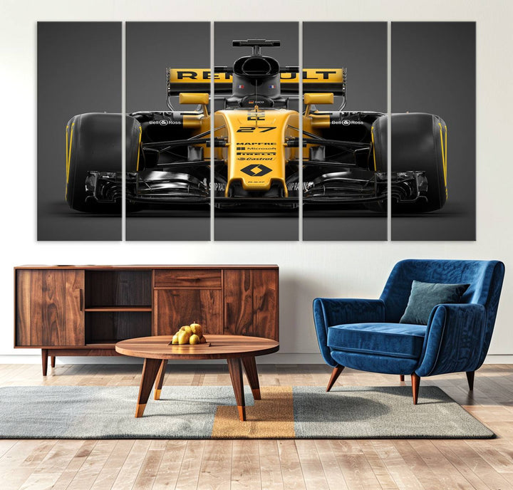 A yellow and black F1 Renault car canvas print with free shipping.