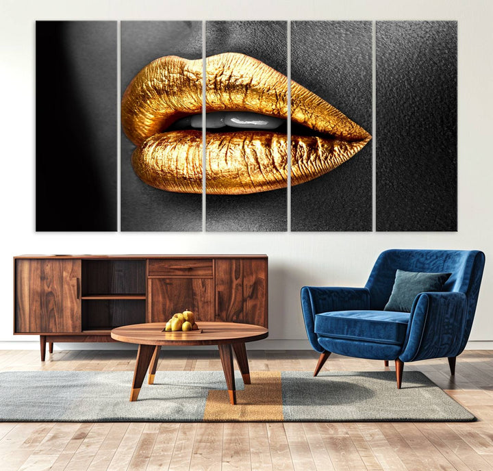 The Gold Lips Canvas Wall Art on a black background is showcased.