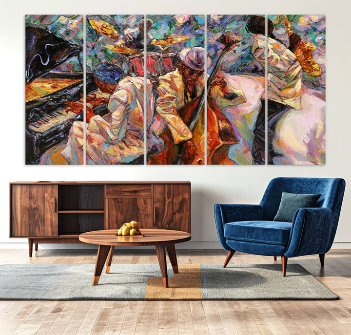 The wall features an African American Jazz Art Music Abstract Painting on Canvas.