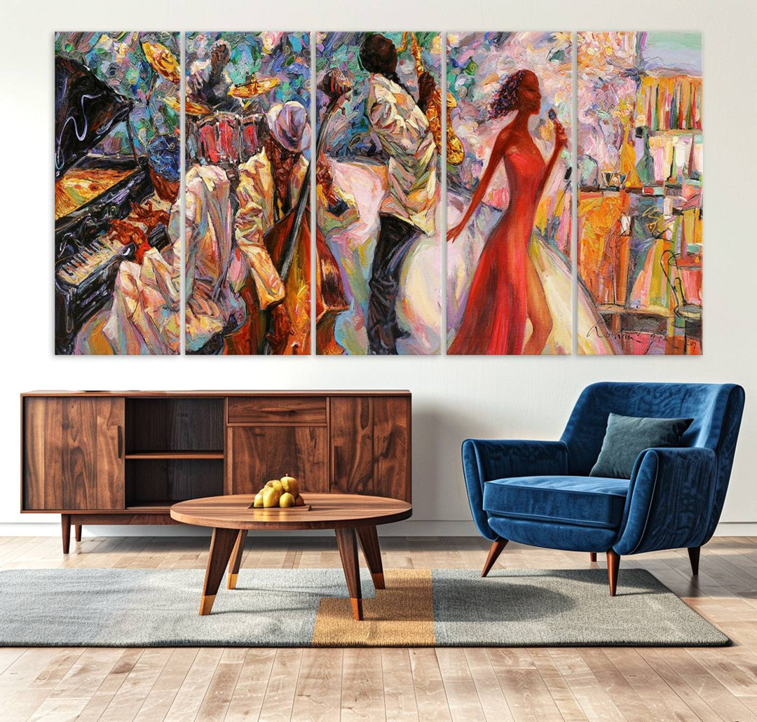 A vibrant 3-panel Afro Jazz band art is displayed prominently.