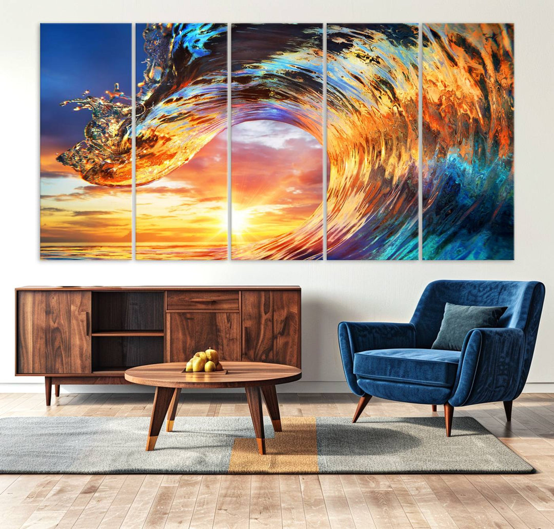 Wave Canvas Wall Art: A multi-panel sunset ocean scene that adds vibrant decor to any space.