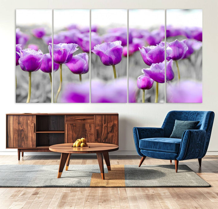 A gallery-wrapped Tulip Fields canvas wall art in a vivid purple hue.