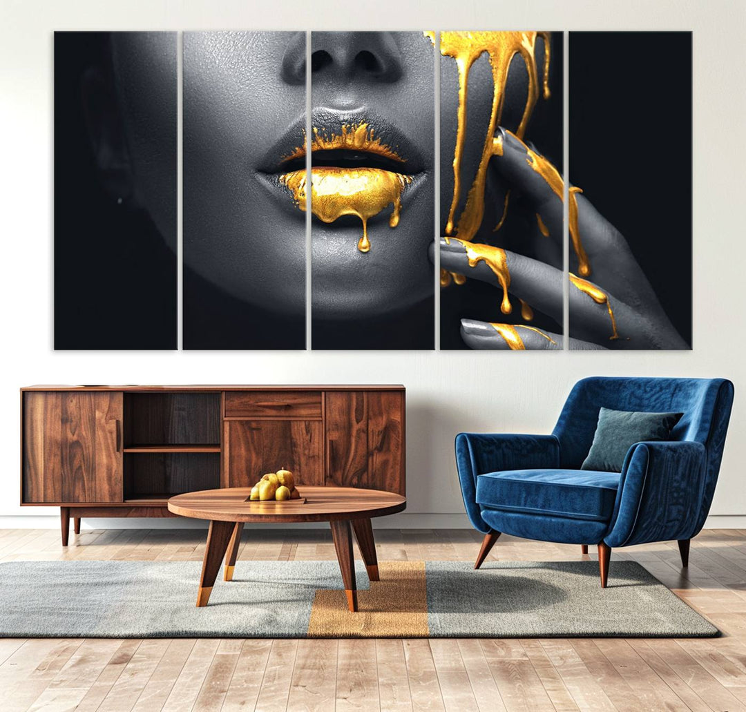 Above the dining area is the Gold Glitter Lips Fashion Makeup canvas wall art.