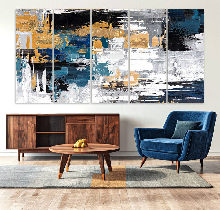 Blue and Gold Abstract Canvas Wall Art hangs prominently.