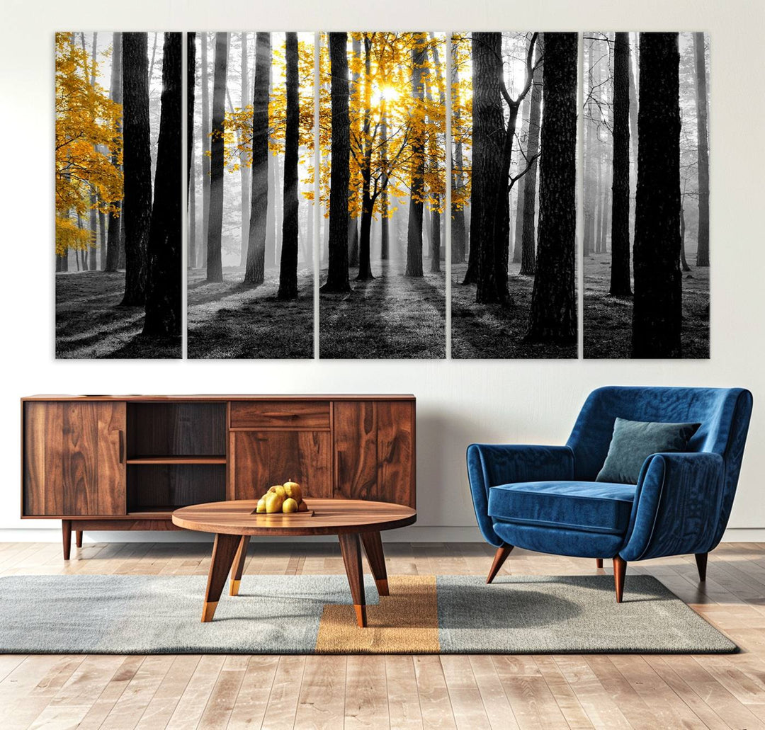 Nature Misty Foggy Autumn Forest Wall Art Print displayed above a modern dining room.