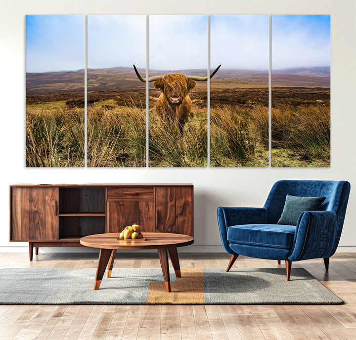 A Scottish Highland Cow art print canvas with UV-protection adorns the wall, preserving vivid details.