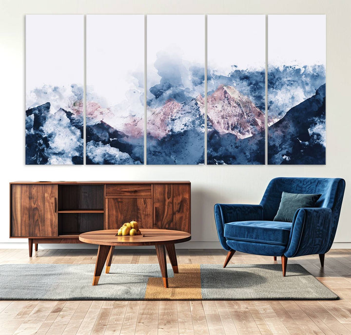 A modern kitchen showcases an Abstract Watercolor Mountain Landscape Art Canvas Print.