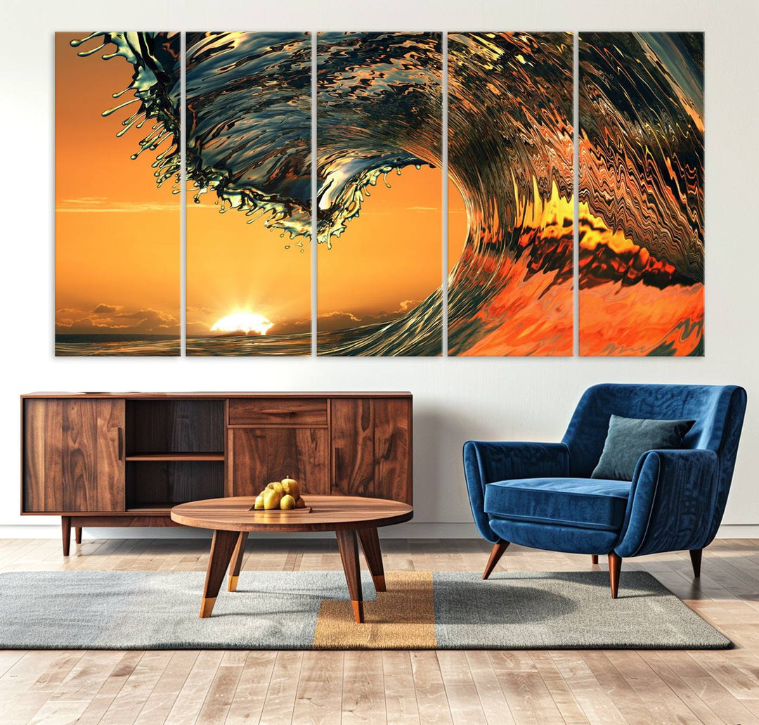 The Ocean Wave With Perfect Sunset canvas wall art adds a striking focal point to the room.