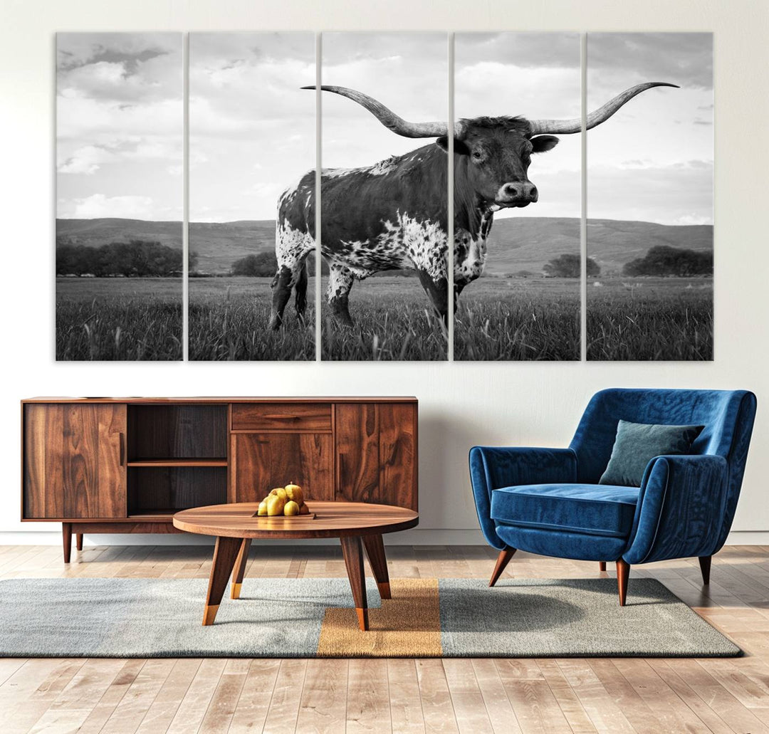 A Black and White Longhorn Texas Cow Canvas Wall Art.